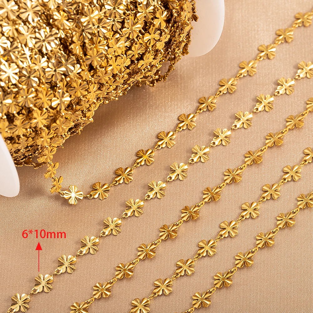 Chaînes à fleurs dorées en acier inoxydable de 0.5/1 mètre, chaîne trèfle à quatre feuilles pour la fabrication de bijoux, collier, Bracelet, accessoires artisanaux