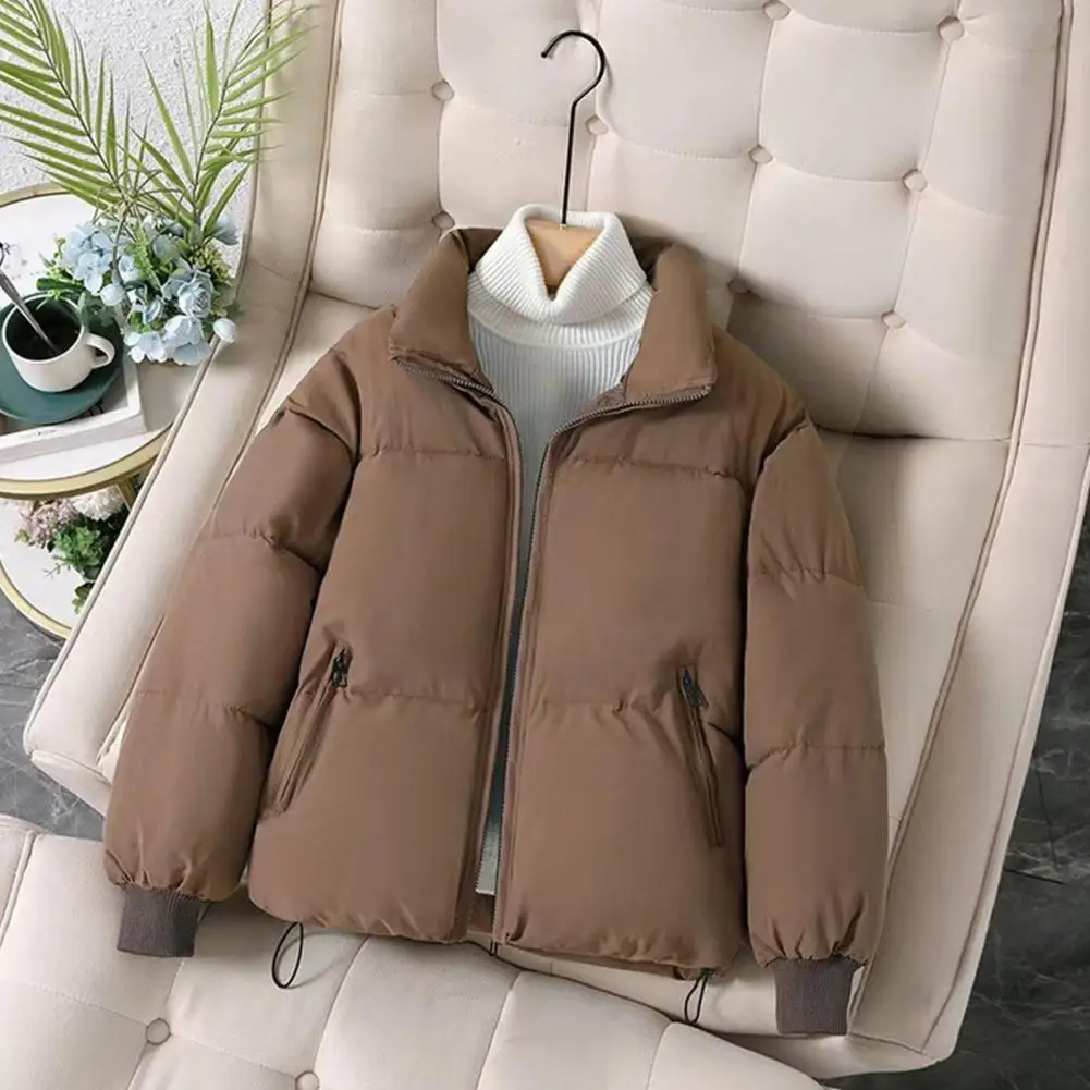 Winter Women Down Coat Solid Color Stand Collar Hooded Parkas Windproof Pockets Zip-up Heat Retention Outwear For Daily Wear