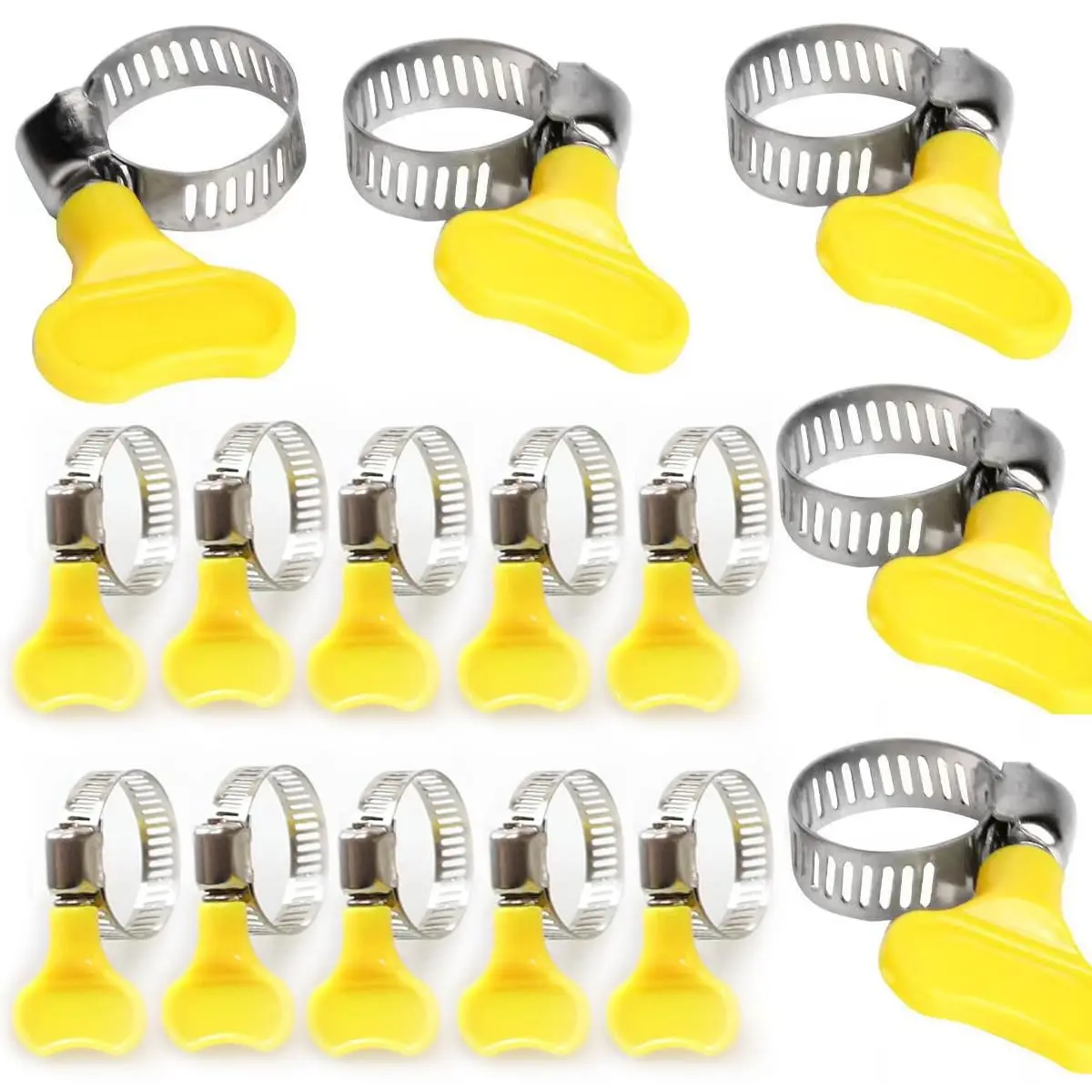 Weiyi 2pcs 6mm-32mm Adjustable Yellow Plastic Handle Hand Twist Hose Clamps Worm Driving Stainless Steel Pipe Clips For Tube