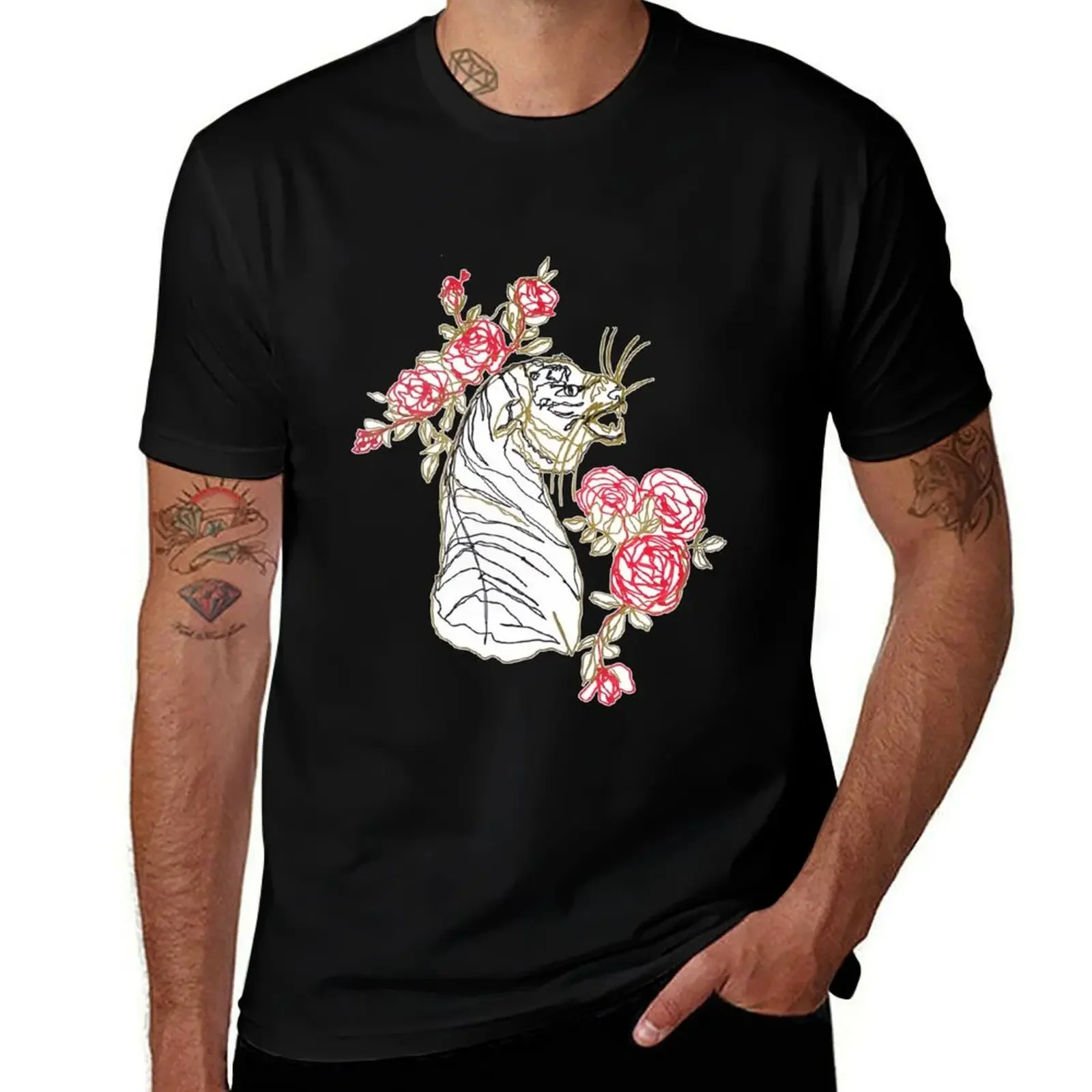 Tiger and red roses ambidextrous line drawing T-Shirt Blouse vintage graphic tee cheap stuff t shirt for men