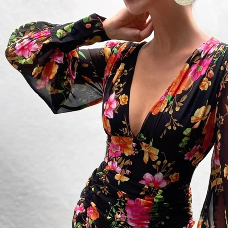Sexy imprimé Dr Vintage fleur motif lanterne Sve v-ne taille cintrée robe moulante pour les femmes été trajet Faion