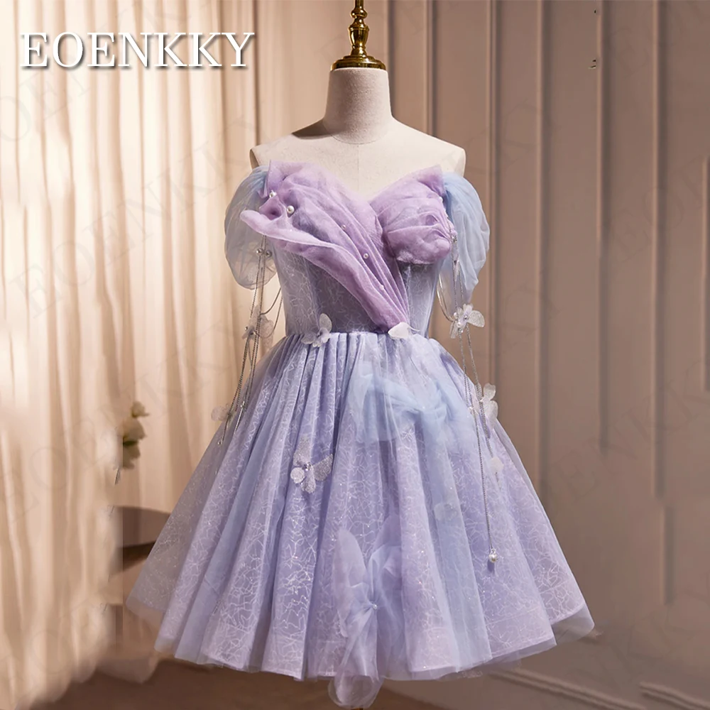 

Purple Tulle Short Prom Dress With Butterfly Evening A-Line Pearls Luxury Off Shoulder Mini Homecoming Dresses vestidos de festa