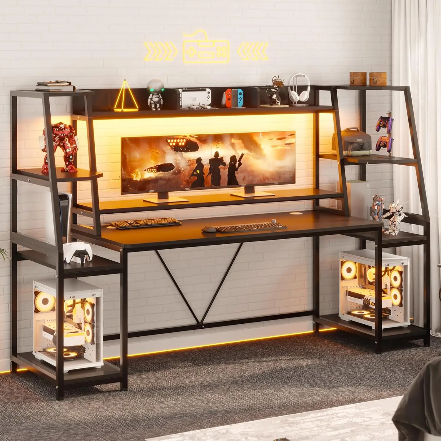 مكتب ألعاب 78.8 بوصة مع أضواء LED، طاولة ألعاب مريحة لغرفة النوم وغرفة المعيشة، أسود