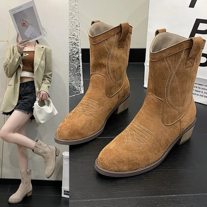 Primavera outono botas de moda feminina manga de salto quadrado cabeça redonda retro sapatos femininos camurça salto baixo alívio botines para mujeres