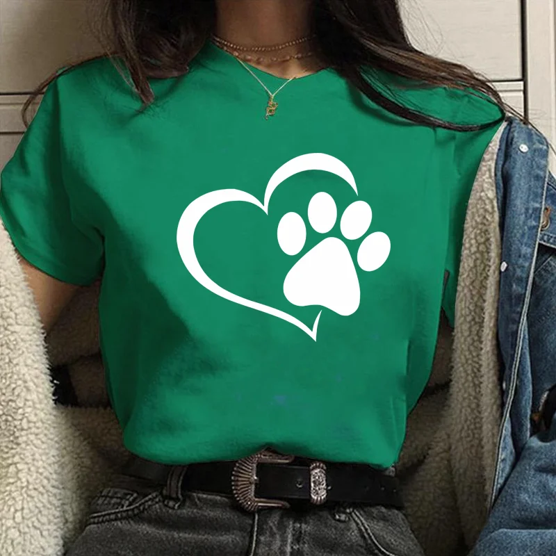 Women's Summer Love Dog Print Pattern Printed T-shirt Personalized Creative Fashion Round Neck Short-sleeved Shirt Women's Tops