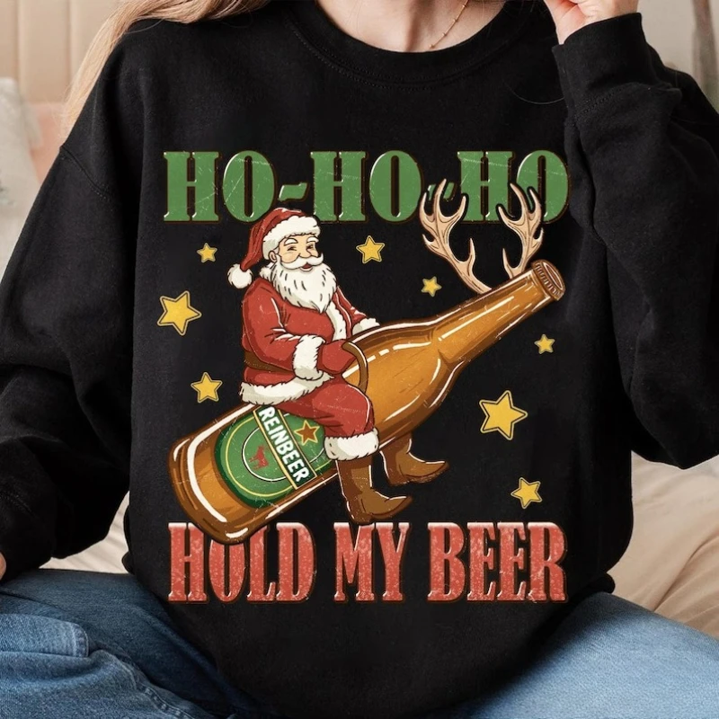 Engraçado natal santa bebendo ho ho segurar minha cerveja design reinbeer feriado gráfico cerveja png festivo beber combinando hoodies