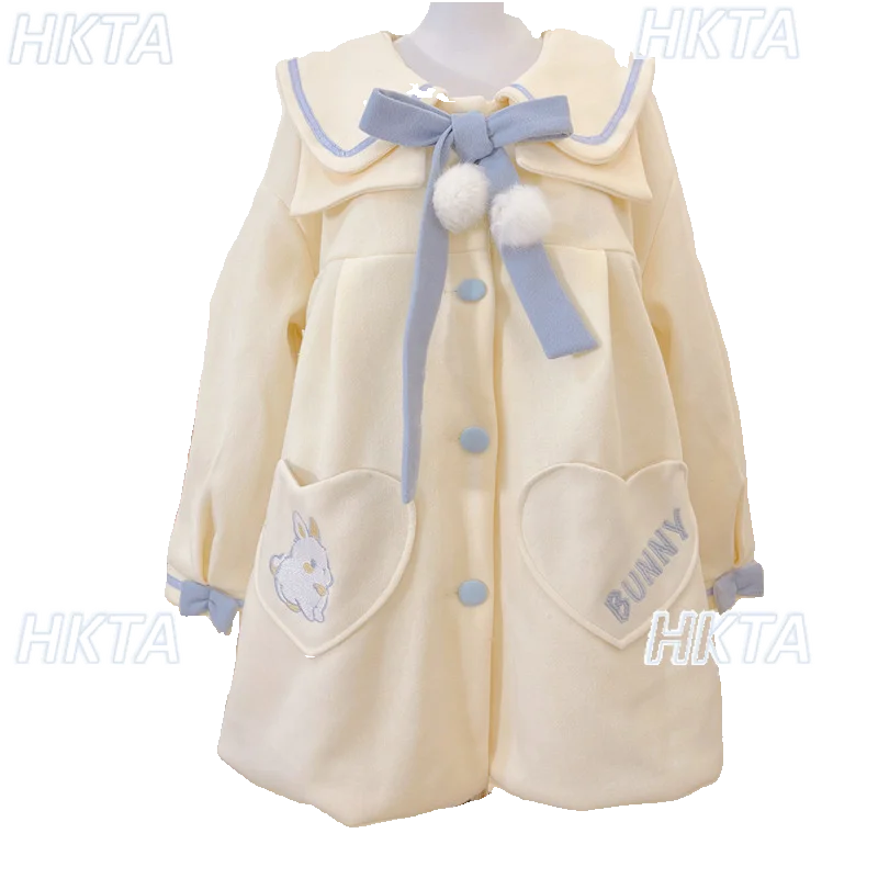 

Sweet Lolita Woolen Coats Cute Doll Collar Loose Long Sleeved Bow Kawaii Cartoon Embroidered Medium and Long Wool Jacket Women