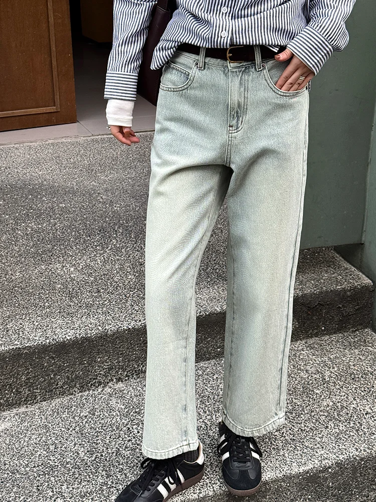 

Синие винтажные прямые джинсы для женщин, свободные повседневные брюки, осенняя мода, маленький размер, удобные джинсы свободного кроя