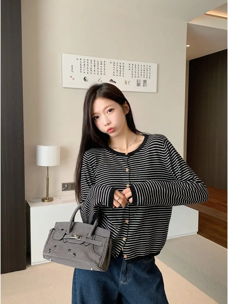 Color Blo Striped Long Sve Knitted Cardigan round Ne Casual Sle Women's Winter Slimming Top Button up Knitwear