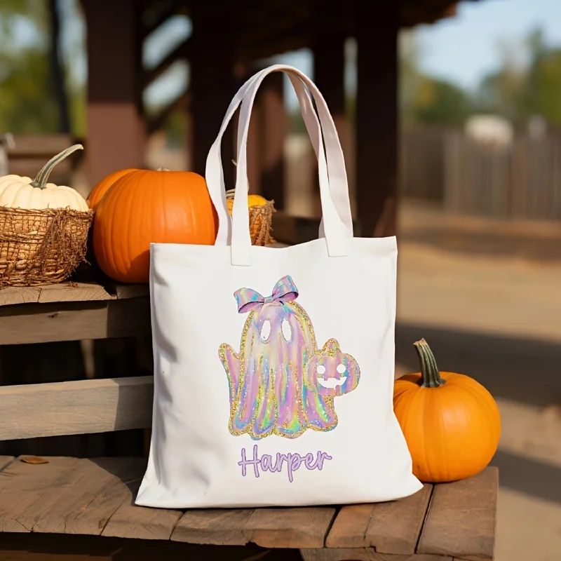

Custom Name Tote Bag - Halloween Theme, Pastel Colors (Pink, Blue, Green, Purple, Yellow) - Everyday Reusable Shoulder Bag, Part