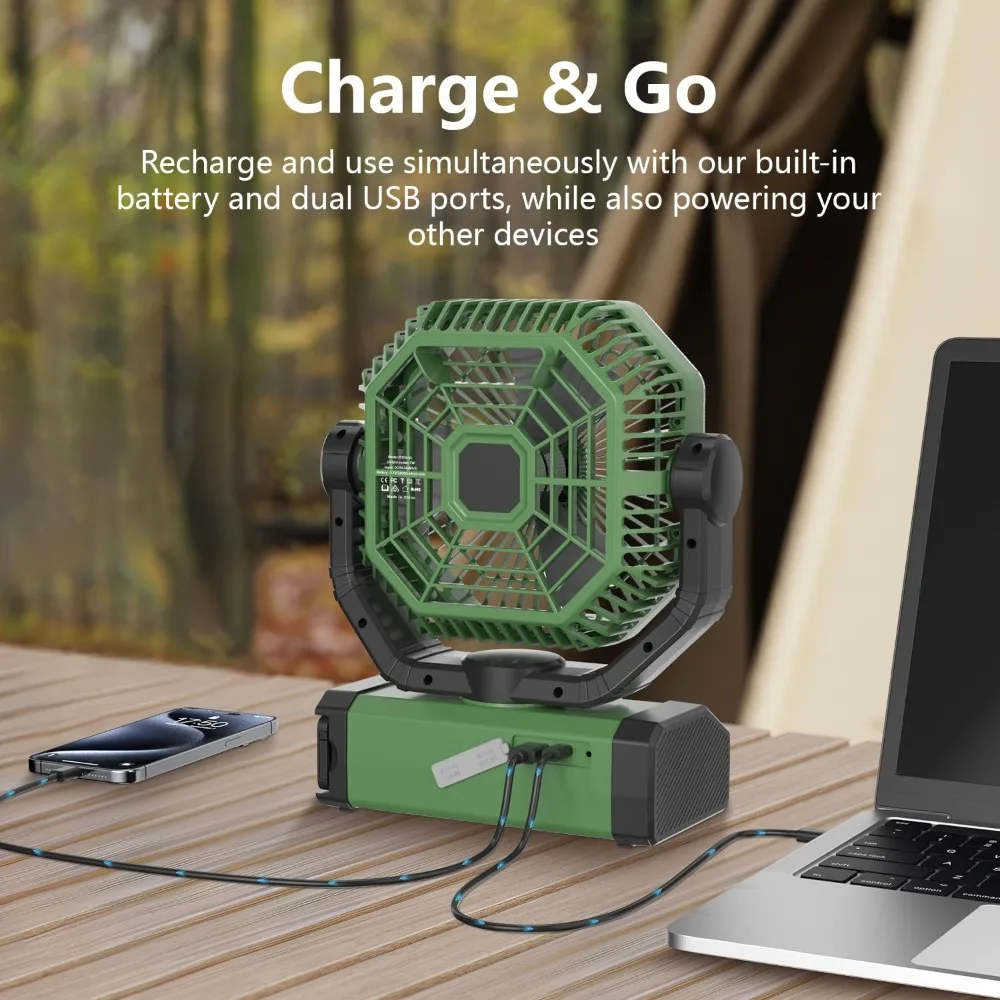 مروحة محمولة بقدرة 24000 مللي أمبير في الساعة تعمل بالبطارية وجهاز تحكم عن بعد وإضاءة LED 4 سرعات تدفق هواء قوي للمكتب والتخييم في صالة الألعاب الرياضية الخارجية والمكتب