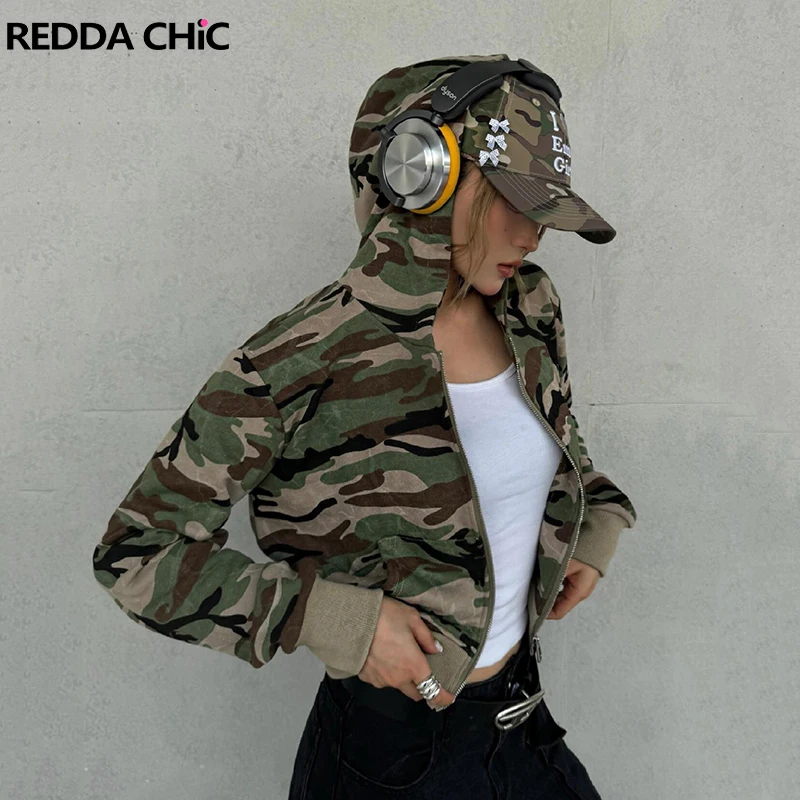 ReddaChic Women Full Zip Camo Hoodie Jacket Fall Vintage Pockets Long Sleeves Hooded Relaxed Crop Top Hiphop Harajuku Streetwear