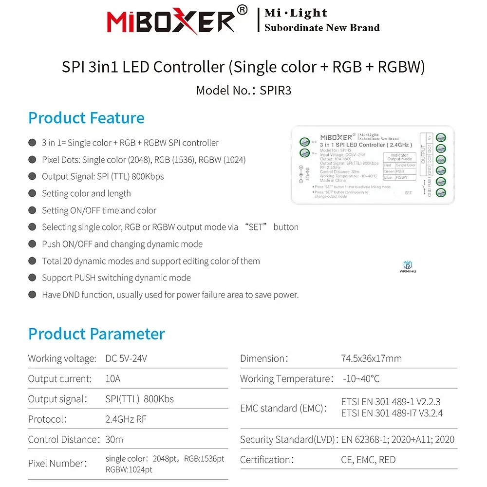 Miboxer SPIR3 3 in 1 SPI LED Controller 2.4G Single color RGB RGBW IC Signal Controller for WS2811 WS2812 WS2815 LED Pixel Strip