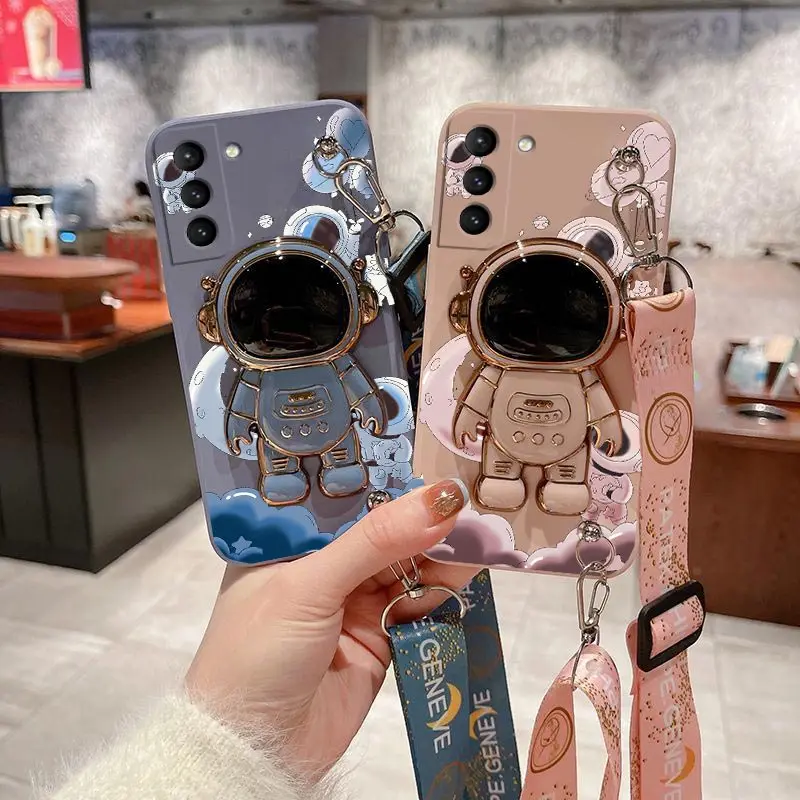 Cartoon Astronaut Lanyard Silicone Holder Phone Case For Samsung Galaxy S21 S21Plus S21FE S21Ultra S22Ultra S20FE S22 S10 Cover