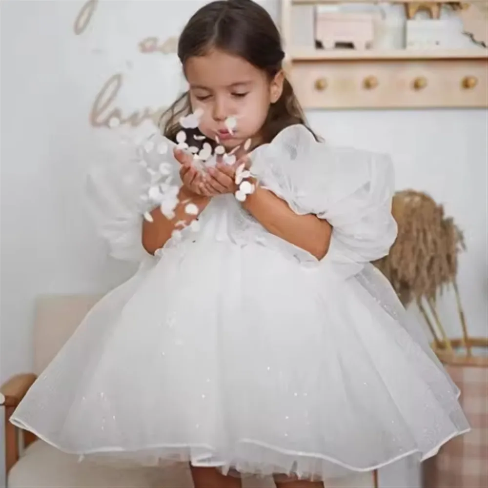 

Lovely Flower Girl Princess Shinning Dress Off Shoulder Puff Sleeve Toddler Child Tulle Vestido Wedding Birthday Party Dress