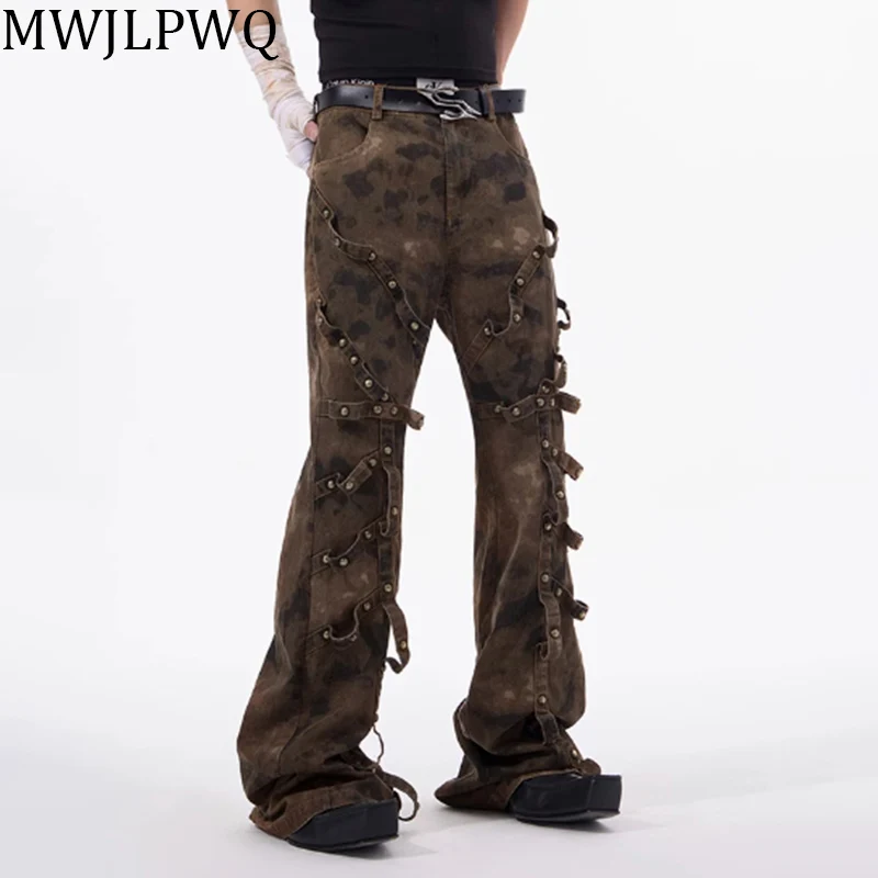 

MWJLPWQ American Retro Camouflage Flared Jeans Men's Summer Construction New Niche Design Bandage Cargo Trousers Trend 010797