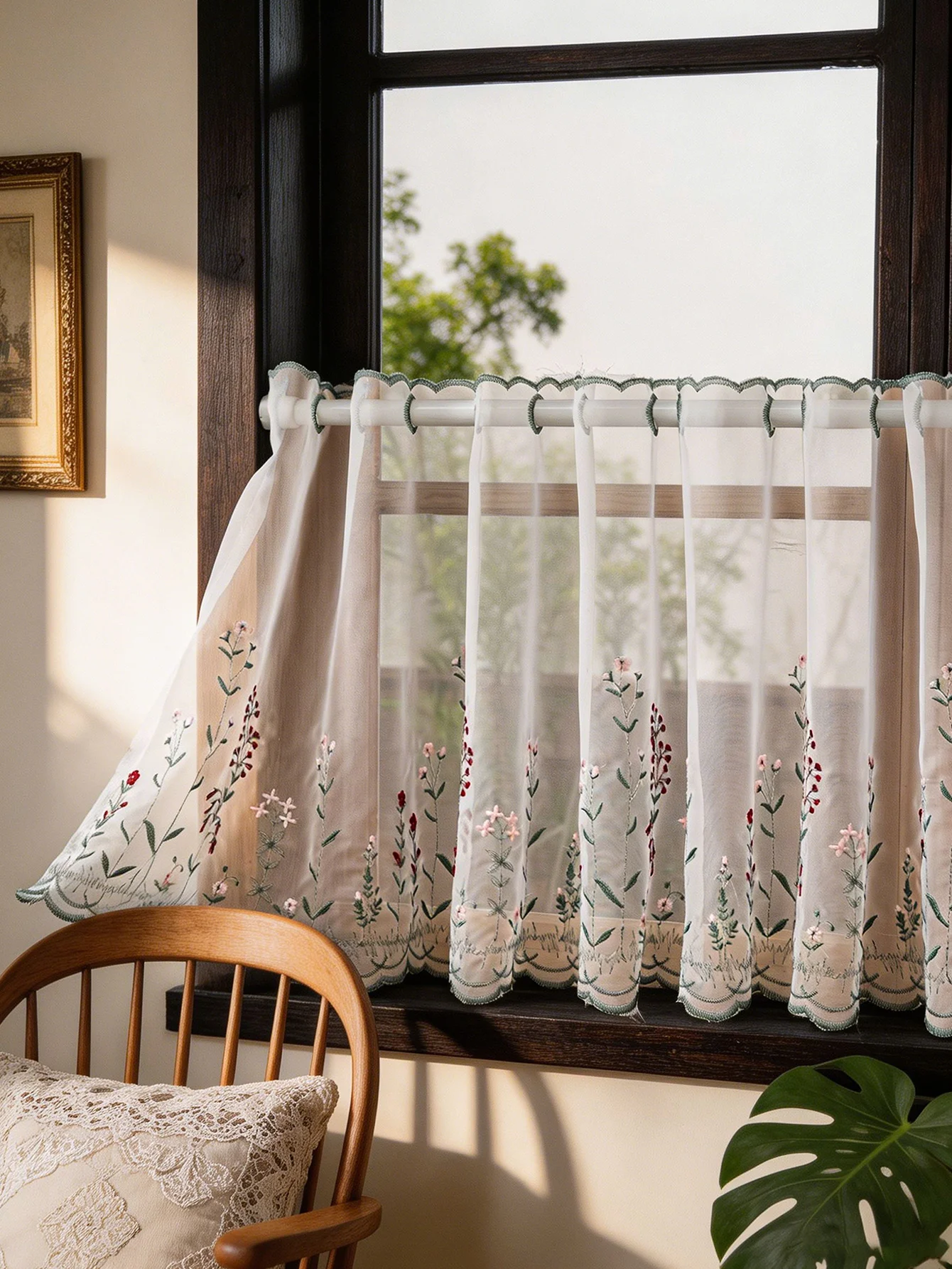 Floral Embroidered Sheer Cafe Curtain, Rod Pocket Semi Sheer Kitchen Valance, Light Filtering Short Window Curtain with Botanica