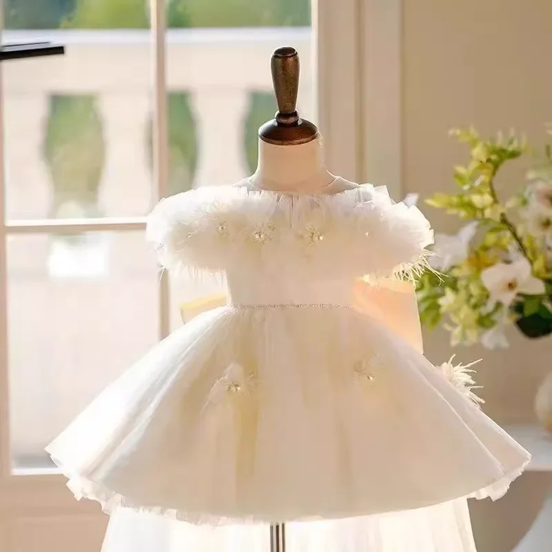 2025 off Shoulder Fairy Dress Trendy Kids Elegant Girls Party Outfit Clothes Vestido Performance Gown Host Princess Lace Dresses