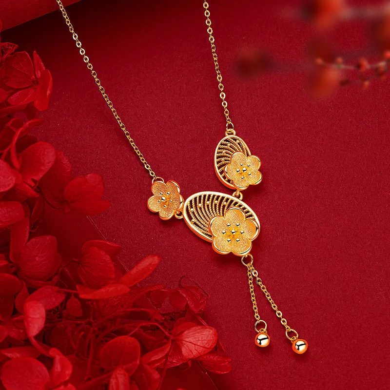 

24k Gold Color Plum Blossom Tassel Necklace Pendant for Women High Grade Necklace Chain Wedding Bridal Jewelry Accessories Gifts