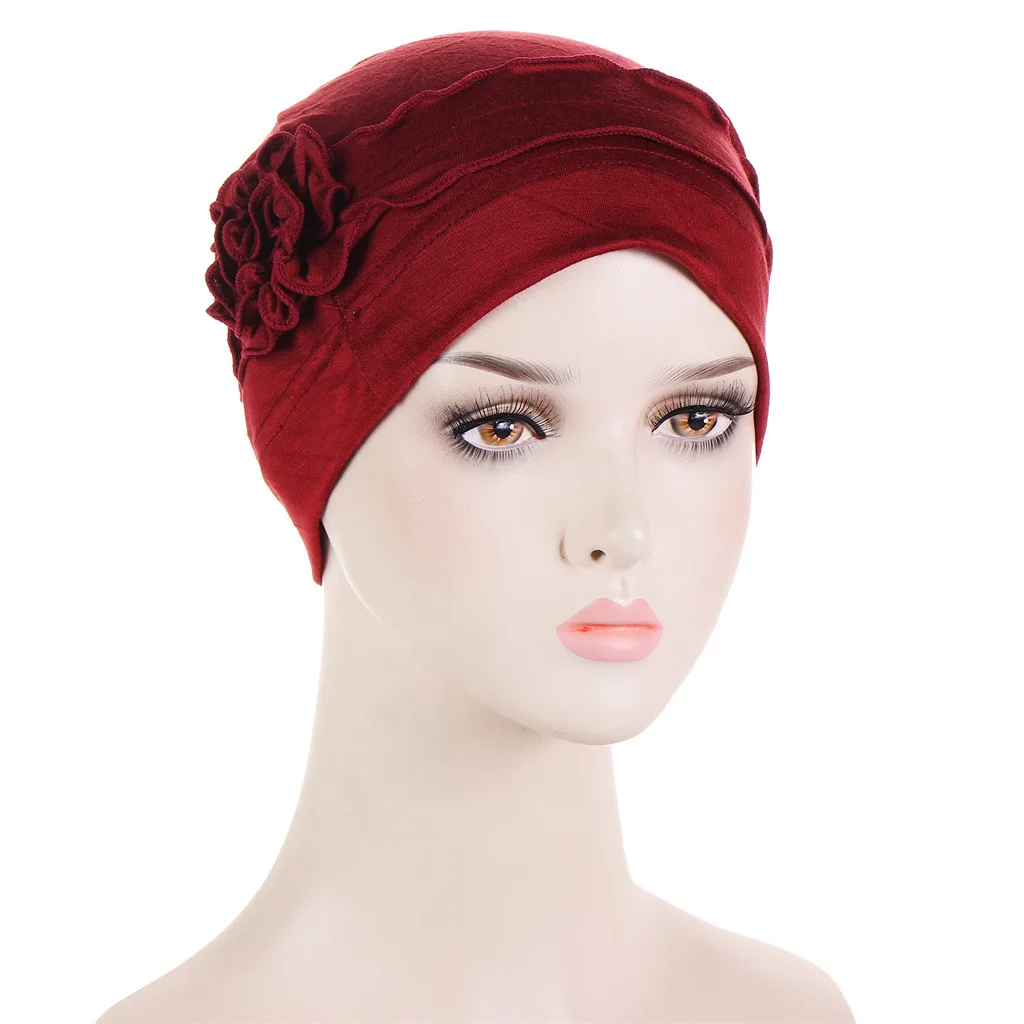 Classic Flowers Hijab Turban For Women Vintage Solid Color Pleated Head Wraps Elastic Head Scarf Casual Chemo Cap Ramadan Hats