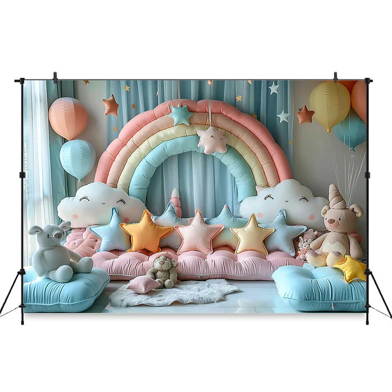 Rainbow Wall Photography Backdrop Bluey Clouds Stars Balloons Background Baby Indoor Birthday Decorations Photo Studio Backdrops