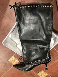 Split Leather Punk Style Metal Rivet Drawstring Modren Boots 2025 Fashion Catwalk Style Boots Pointed Toe Stiletto High Heels