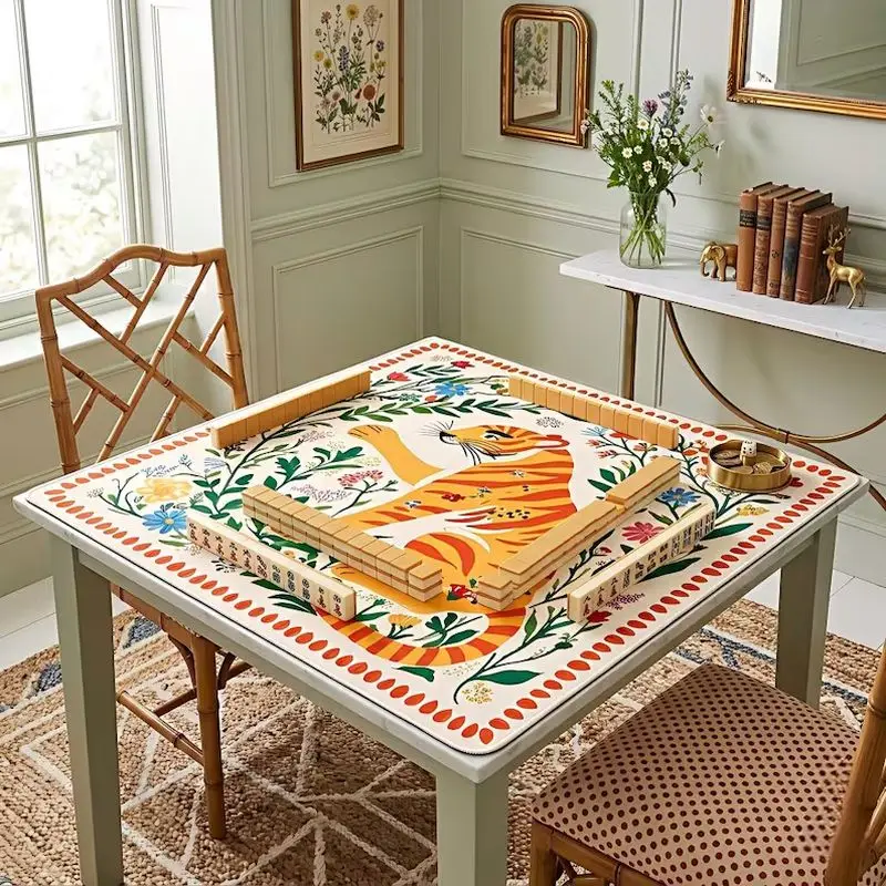 VIKAMA Folk Art Orange Tiger Floral Mahjong Mat Non Slip Silent Rubber Foldable Waterproof Game Pad For Mahjong Home Party