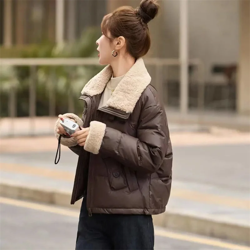 Spliced ​​Lamb Hair Pu 스킨 다운 코튼 자켓 여성 겨울 캐주얼 All-Match Thicken Warm Cotton-Padded Parkas 여성 오버 코트