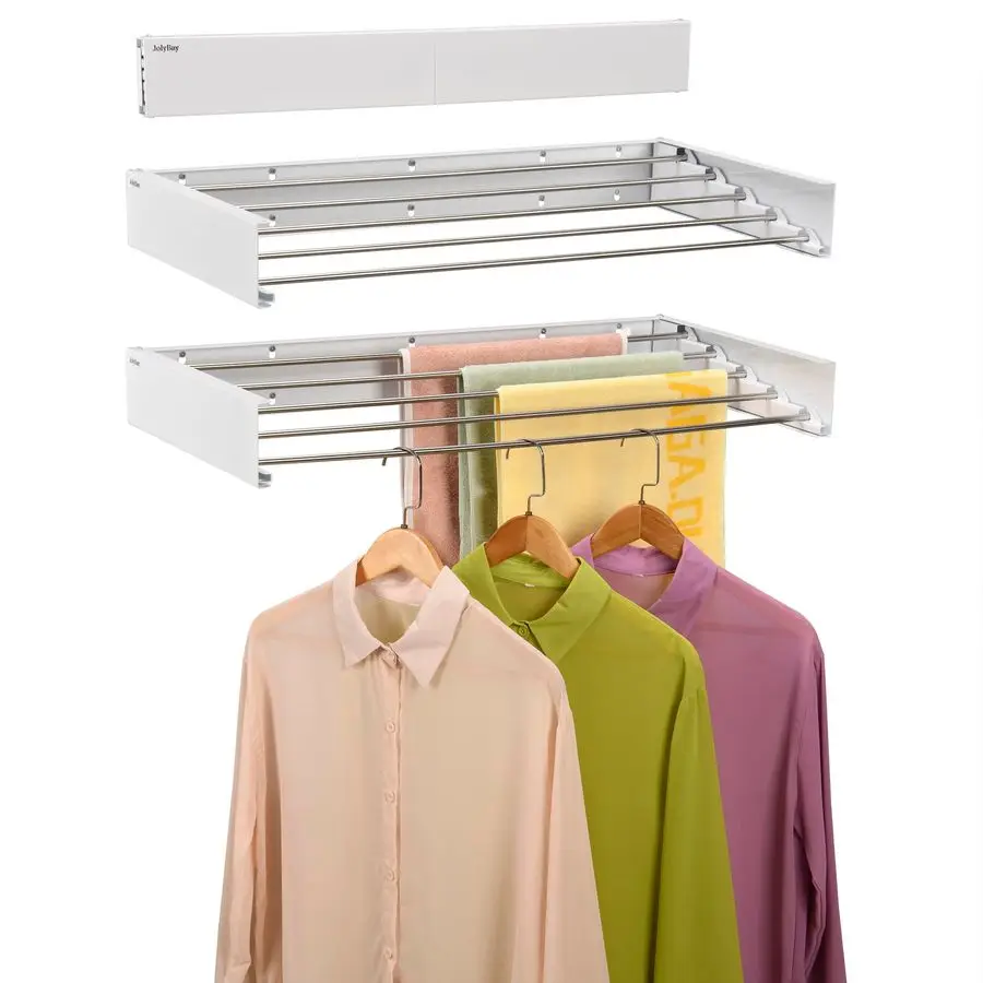 

Mounted Laundry Drying Rack, Retractable Clothes Drying Rack for Bathroom with Wall Template, 5 Stainless Rods Heaving 60 lb Cap