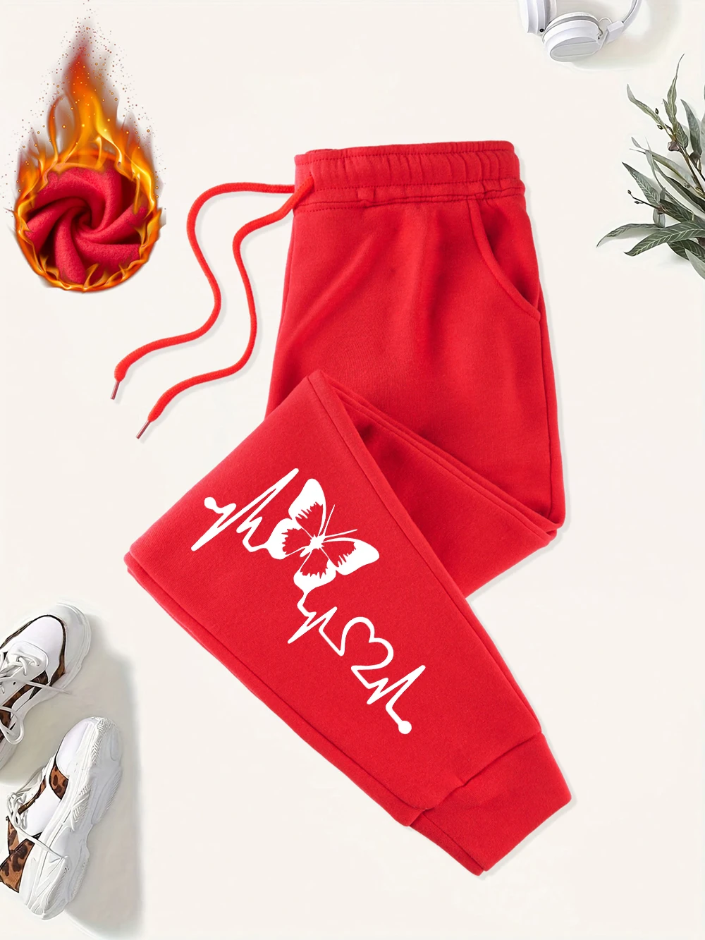 الإبداعية نبضات القلب فراشة الطباعة Sweatpants النساء أساسيات بنطال رياضي فضفاض الصوف جيب بنطلون الخريف امرأة الملابس