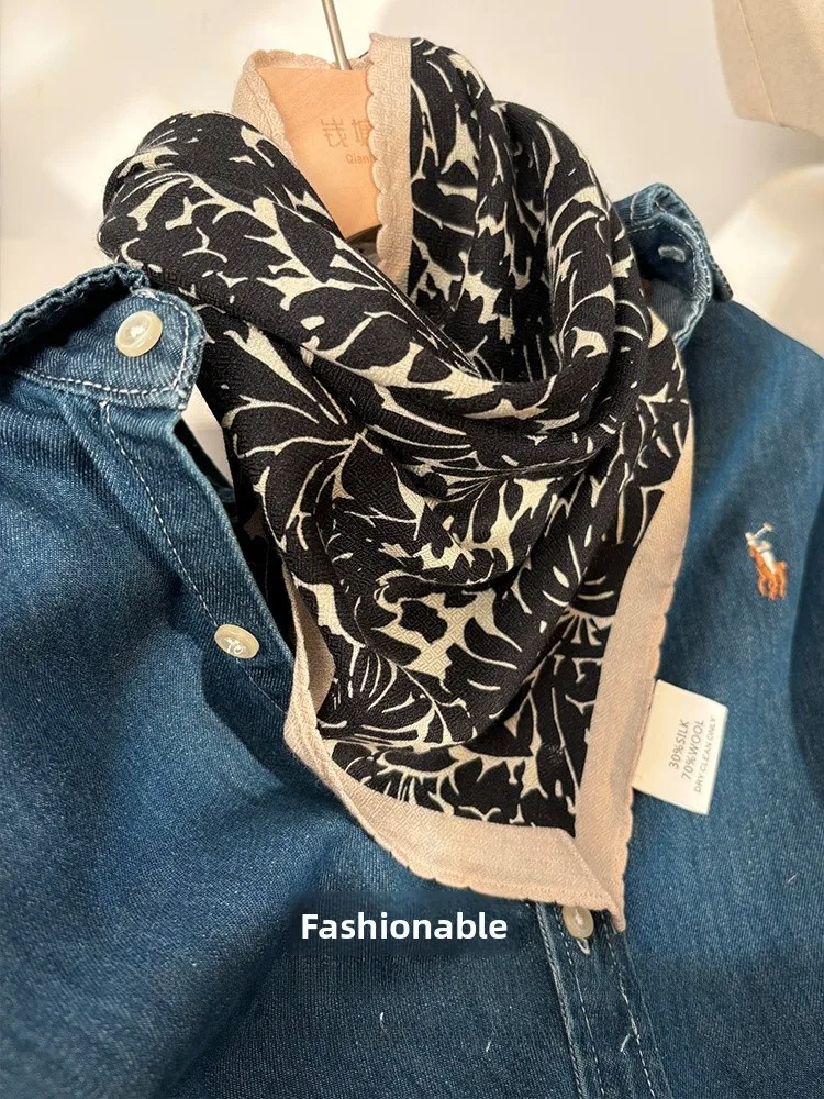 elegant-artistic-vintage-silk-wool-scarf-women's-winter-luxury-diamond-pattern-triangular-versatile-neck-warmer-scarf