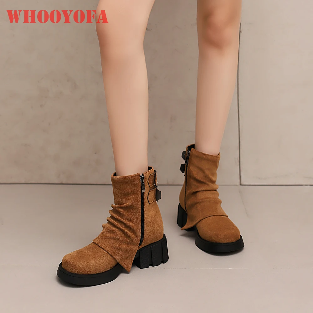  New Winter Mature Brown Beige Women Ankle Bootie Sexy Round Toe Med Heel Lady Shoes Plus Small Big Size 11 33 43