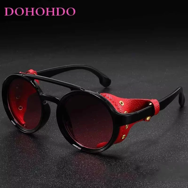 

DOHOHDO 2025 Hot Selling Steampunk Shields Sunglasses Men Women Classic Sun Glasses With Side Leather Round Eyewears Punk Shades