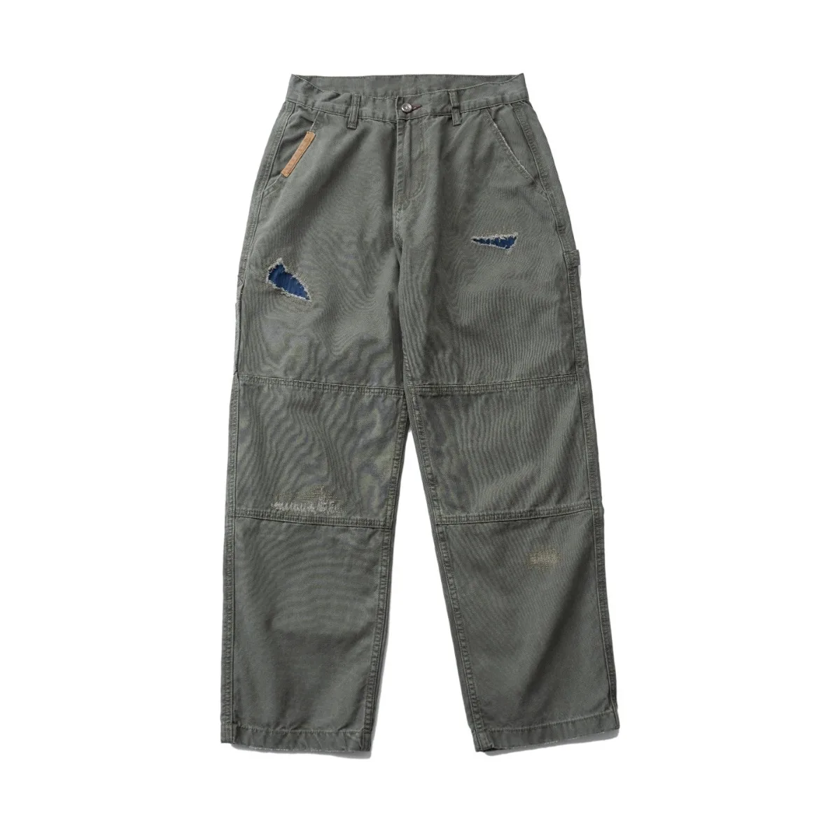 American Retro Distressed Patch Embroidered Pants Men's Army Green Straight Leg Loose Casual Pants Men