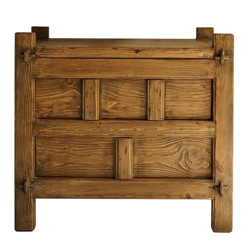 Qiji Style Log Retro Bedside شقة صغيرة تخزين خزانة جانبية #5