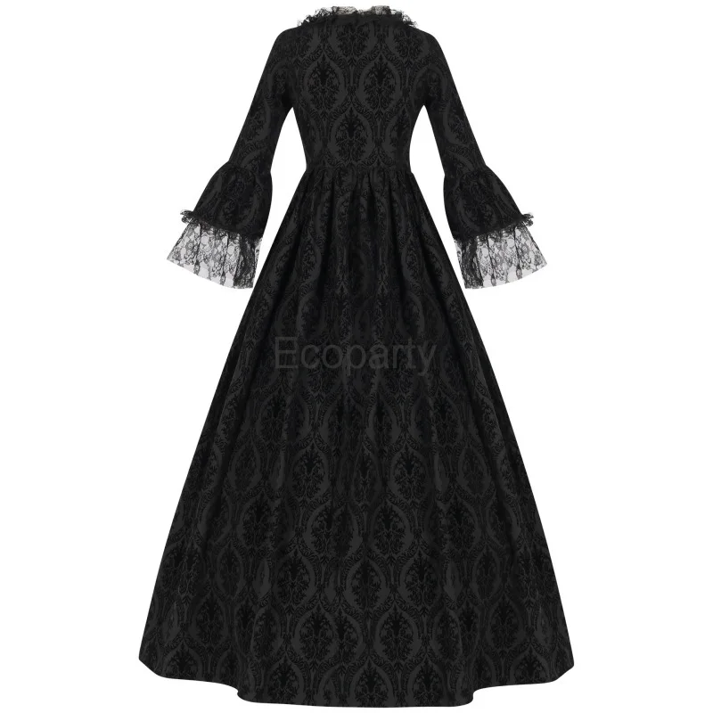 Women Medieval Victorian Retro Princess Costume Black Victorian Renaissance Lace Flared Sleeves Ball Gown Halloween Gothic Dress