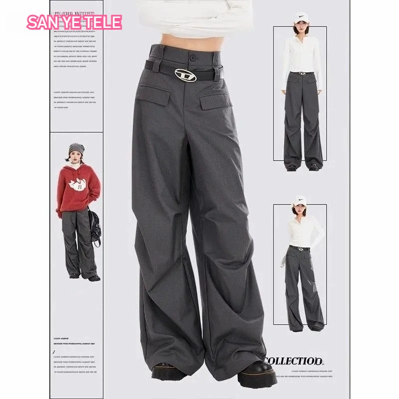 

Wrinkled Silhouette Drape Suit Pant Women New High-end Gray Wide Leg Casual Korean High Waist Fashionable Loose Trousers