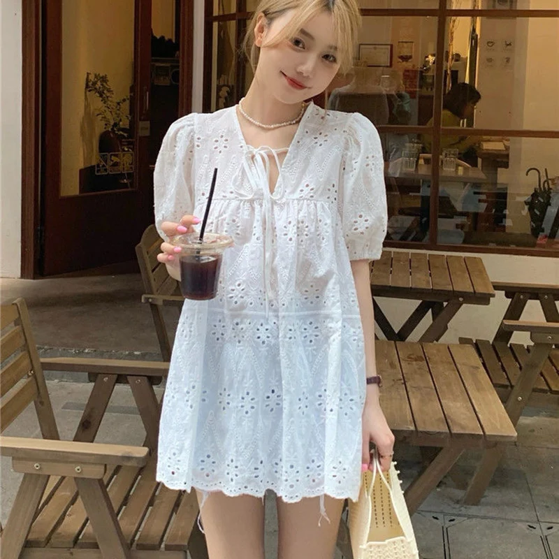 Rimocy Korean Fashion Loose White Shirt Women Summer Puff Sleeve Lace Hollow Out Mini Dress Woman V Neck Chic Blouse Female