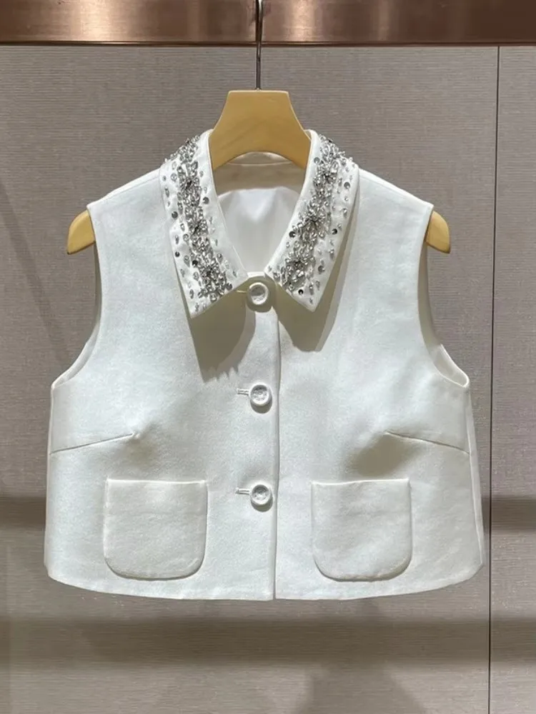 Women Summer Turndown Collar Diamond Shiny Vest Outfits Sweet Sleeveless Tops Sets High Waisted Bud Mini Skirt Two Piece Set