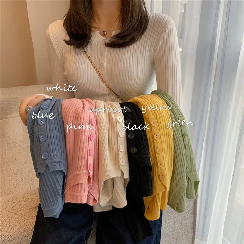 

Women Winter Ins Korean Style Single Breasted Knitted Long Sleeve Clothing Girl Ladies Fashion Round Neck Blouse Pullover 2025