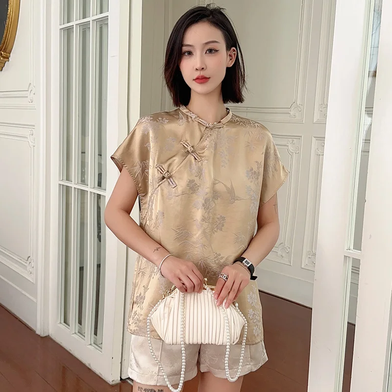 Vintage Artificial Silk Shirt Women\'s Short Sleeve Jacquard Buckle Top Chinese Style Blouse Summer Temperament Women\'s Clothing