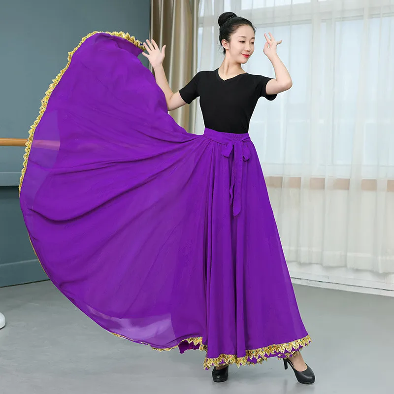 Solid Color Folklorico Dance Skirt Womens Spanish Flamenco Big Swing Long Skirt Folkloric Mexican Folk Dance Performance Costume