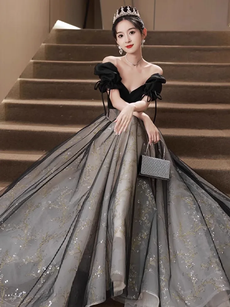 

Элегантное черное вечернее платье в придворном стиле для женщин, роскошное, с пышной юбкой, без бретелек, длинное, для вечеринок и свадеб