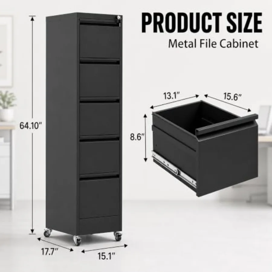 5 Drawer File Cabinet with Wheels, Metal Mobile Filing Cabinet with Lock