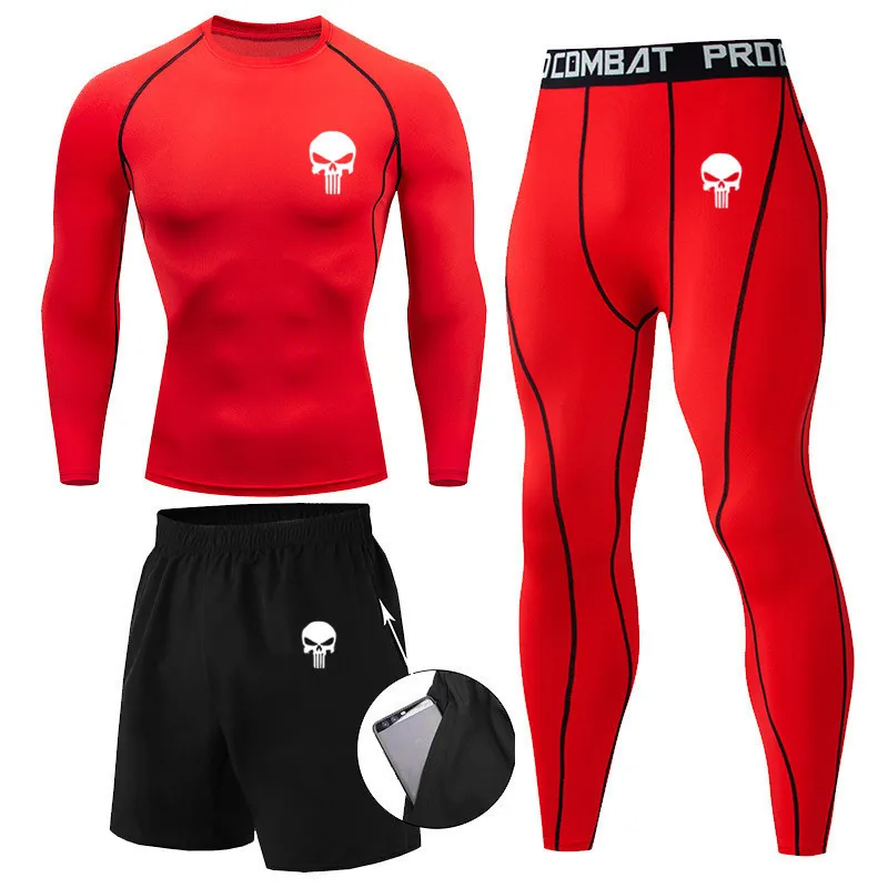 

Men Compression Set MMA Short Sleeve T-shirt Men's Tight Pants Fitness Bodybuilding Clothes Skull Rashguard Sports Suits