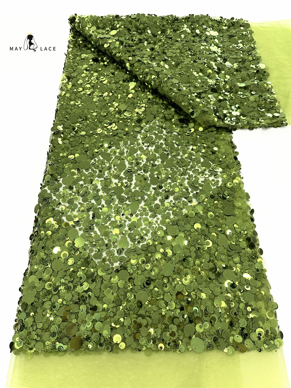 

Sequins Green Bridal Lace Fabric Full of Beaded Embroidery Luxury Beaded Wedding Dress, Advanced Custom-Made Sewing Lace Fabric