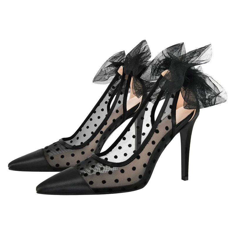 Onlymaker Women Pointed Toe Black Tulle Bow 10CM High Heel Pumps Polka Dots Back Bowknot Mesh Party Prom Pumps
