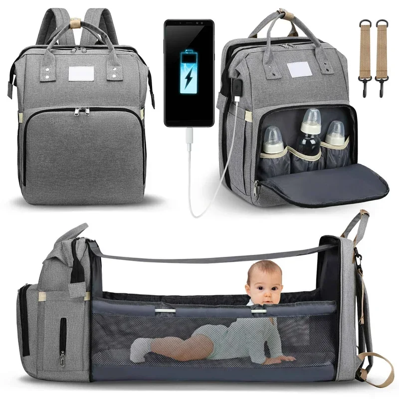 Folding Baby Bed Fashionable Mommy Bag Mother Large Capacity Portable Milk Bottle Diaper Double Shoulder Mom's Bag