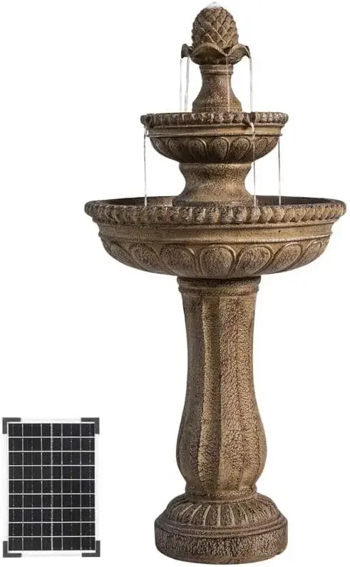 39" Solar Water Fountain, Sand Stone Resin | 2-Tier, Outdoor
