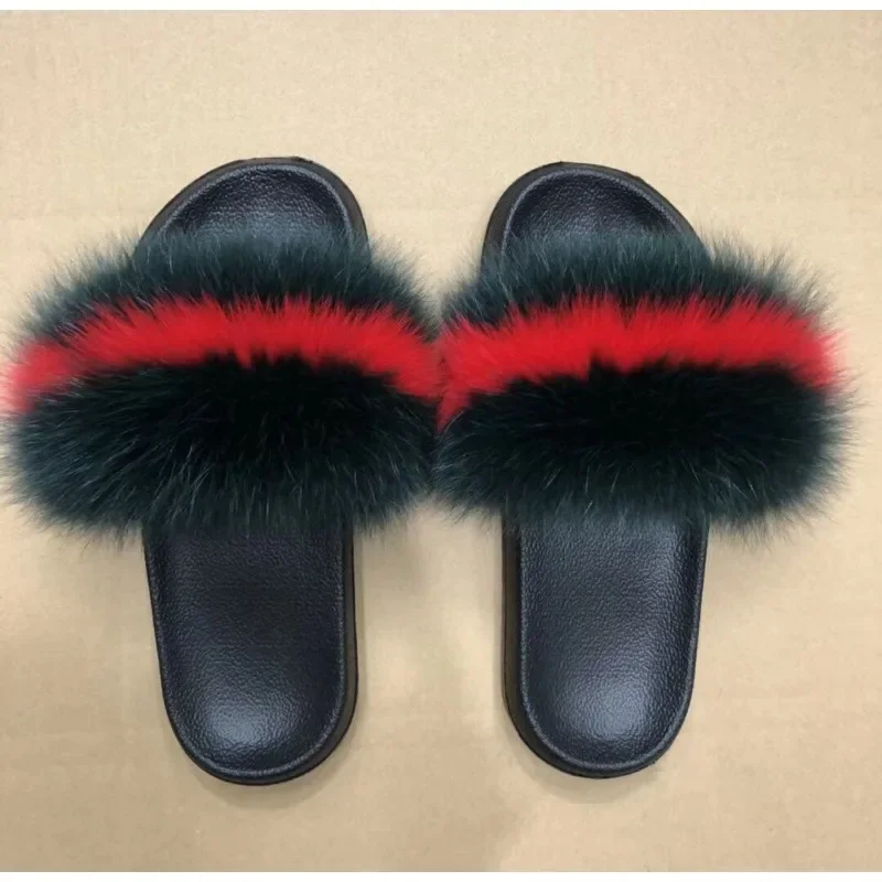 

New Fox Hair Sandals Fashion Flat-bottomed One Word Drag Casual Beach Shoes Non-slip Fox Slippers Men Women Shoes Outdoor